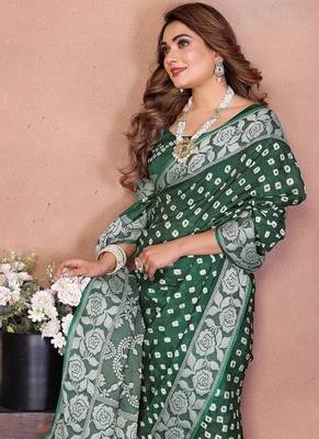 Green Color Handmade Bandhej Viscose Silk Blend Saree 1