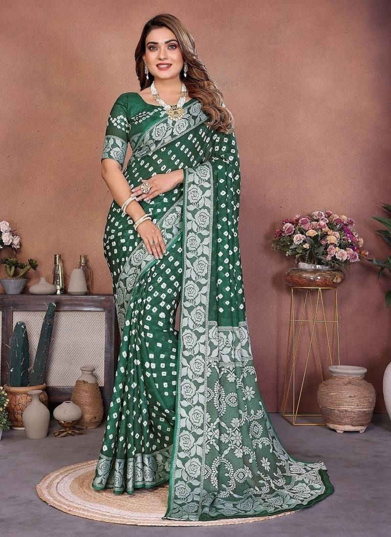 Green Color Handmade Bandhej Viscose Silk Blend Saree