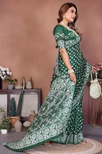 Green Color Handmade Bandhej Viscose Silk Blend Saree