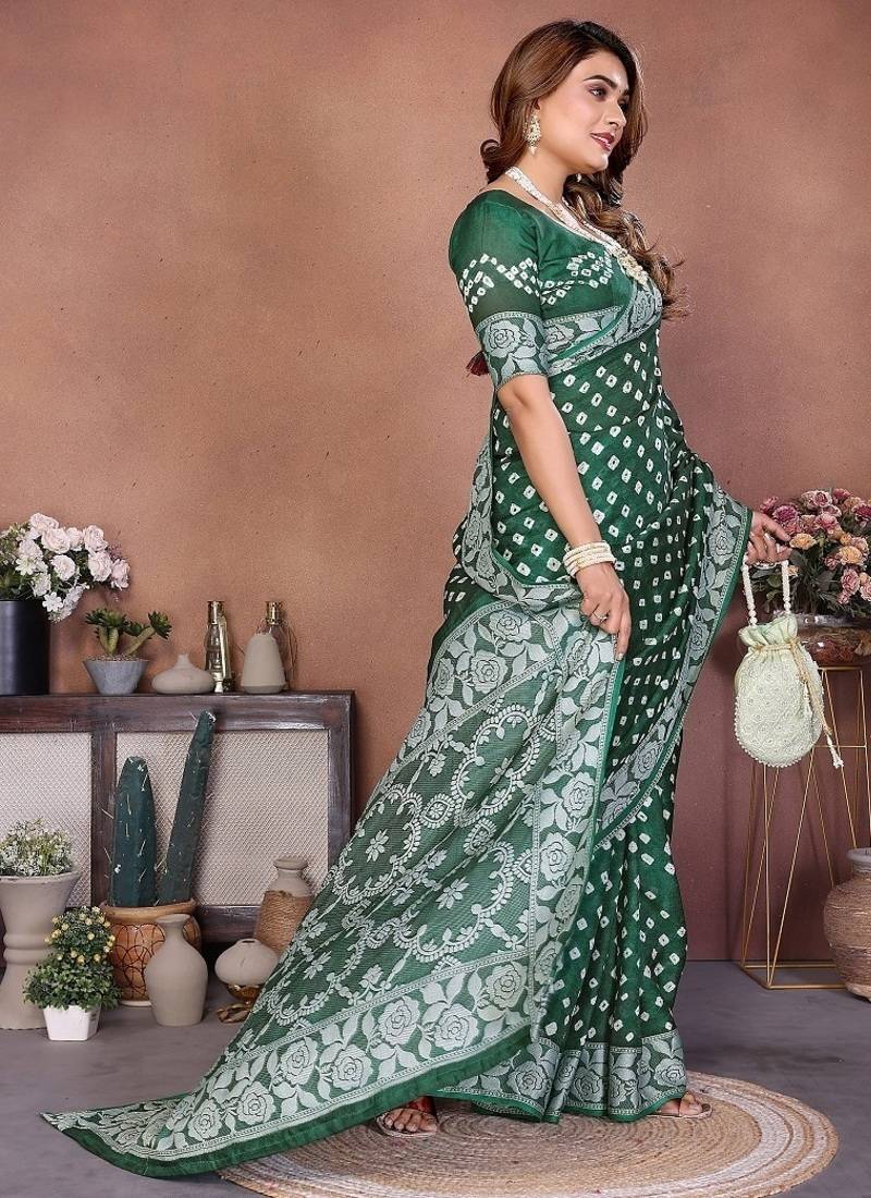 Green Color Handmade Bandhej Viscose Silk Blend Saree