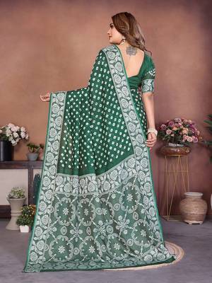 Green Color Handmade Bandhej Viscose Silk Blend Saree 4