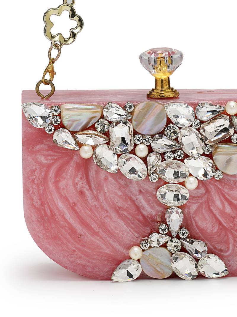 marble muse rose pink, ivory & crystal resin abstract embellished clutch
