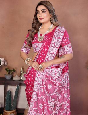 Rani Pink Color Handmade Bandhej Viscose Silk Blend Saree 1
