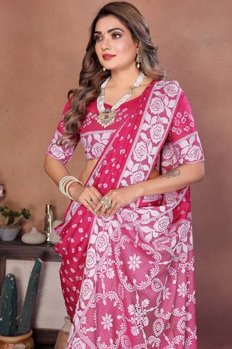Rani Pink Color Handmade Bandhej Viscose Silk Blend Saree