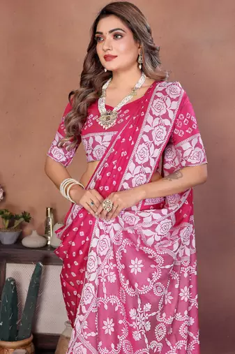 Rani Pink Color Handmade Bandhej Viscose Silk Blend Saree