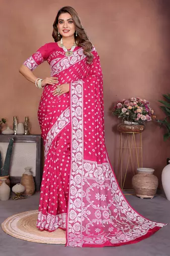Rani Pink Color Handmade Bandhej Viscose Silk Blend Saree