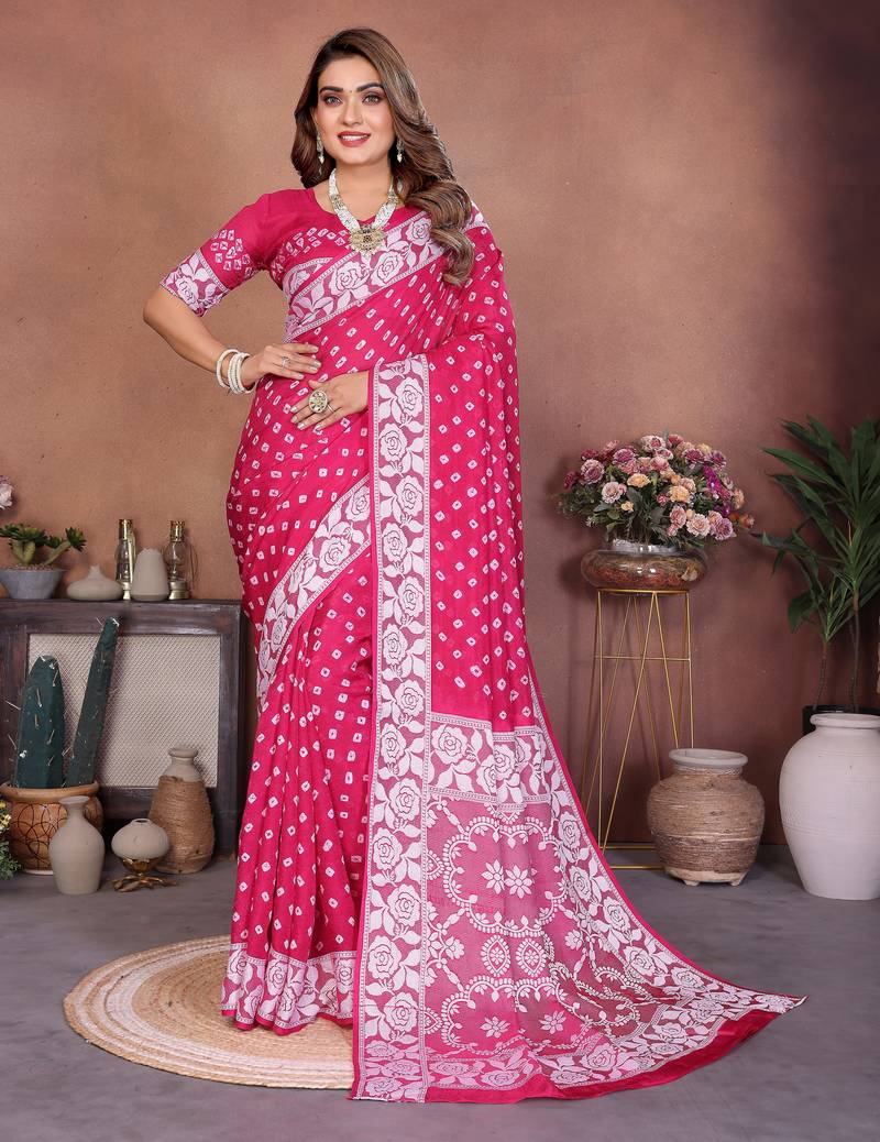 Rani Pink Color Handmade Bandhej Viscose Silk Blend Saree