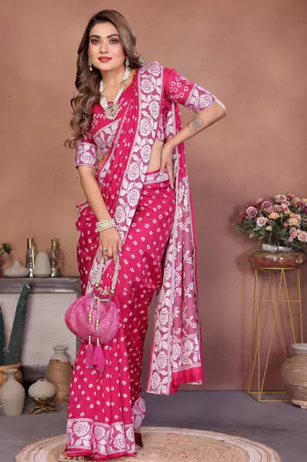 Rani Pink Color Handmade Bandhej Viscose Silk Blend Saree