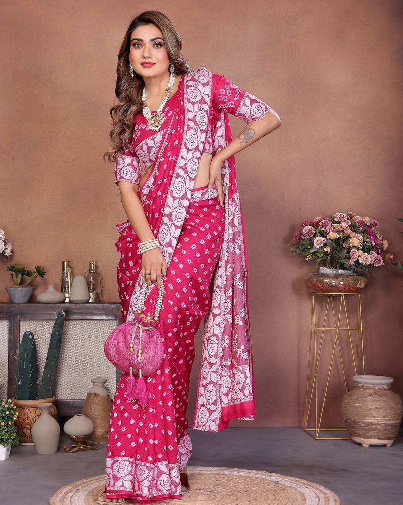 Rani Pink Color Handmade Bandhej Viscose Silk Blend Saree