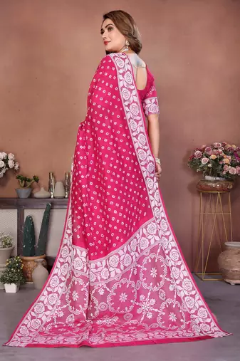 Rani Pink Color Handmade Bandhej Viscose Silk Blend Saree