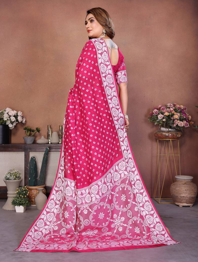 Rani Pink Color Handmade Bandhej Viscose Silk Blend Saree