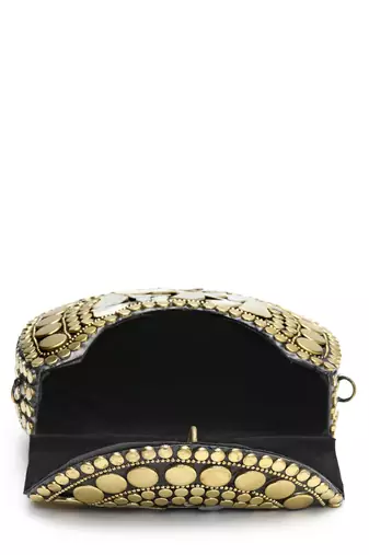 metal mirage black, metallic gold mosaic mother-of-pearl clutch