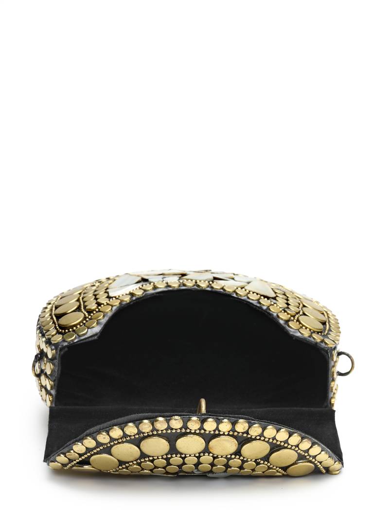 metal mirage black, metallic gold mosaic mother-of-pearl clutch