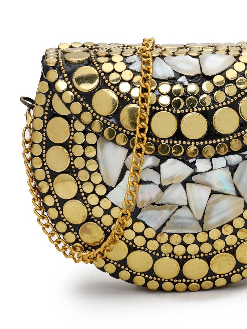 metal mirage black, metallic gold mosaic mother-of-pearl clutch