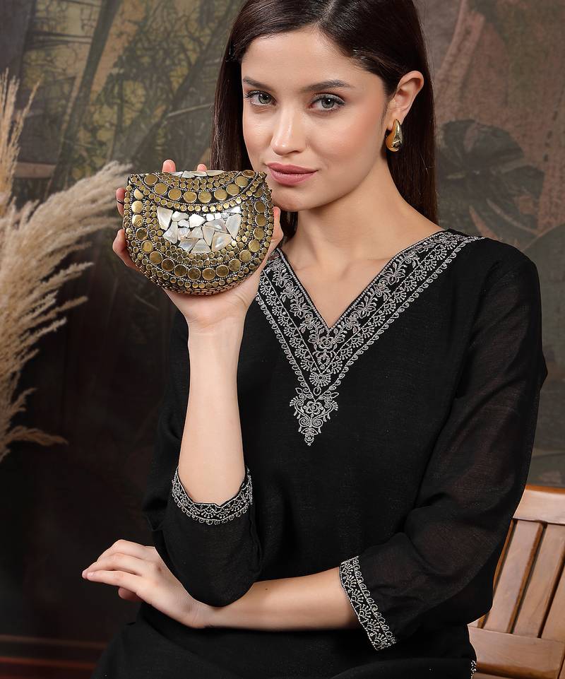 metal mirage black, metallic gold mosaic mother-of-pearl clutch