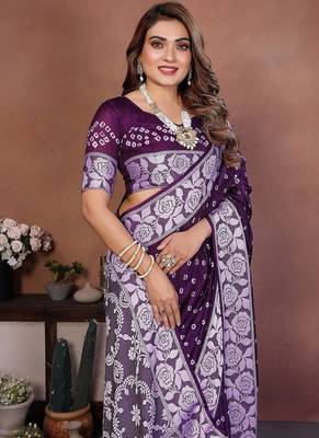 Purple Color Handmade Bandhej Viscose Silk Blend Saree 1