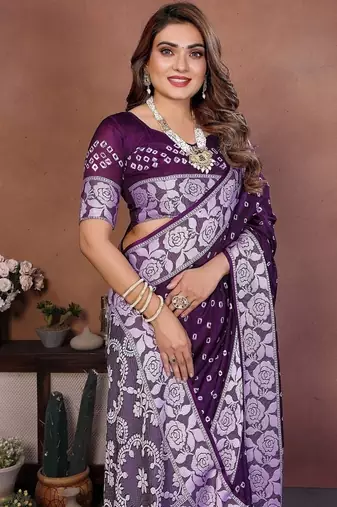 Purple Color Handmade Bandhej Viscose Silk Blend Saree