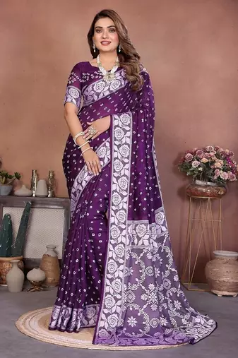 Purple Color Handmade Bandhej Viscose Silk Blend Saree