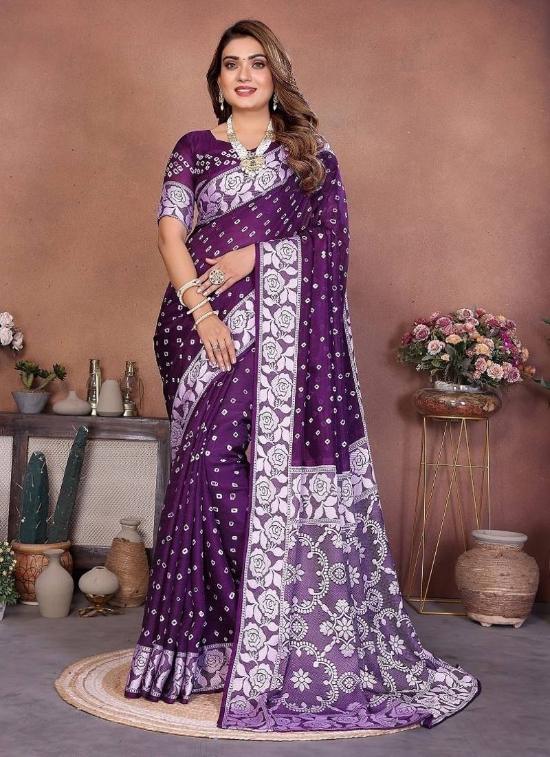 Purple Color Handmade Bandhej Viscose Silk Blend Saree