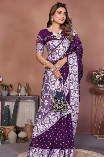 Purple Color Handmade Bandhej Viscose Silk Blend Saree