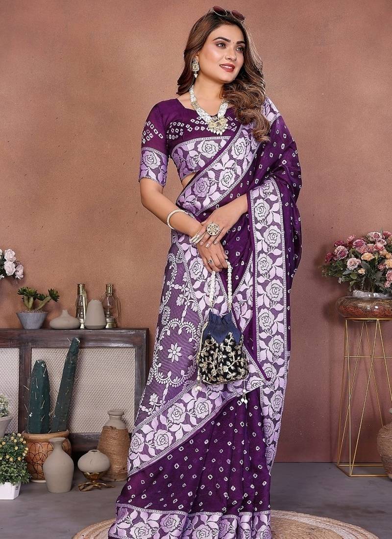 Purple Color Handmade Bandhej Viscose Silk Blend Saree