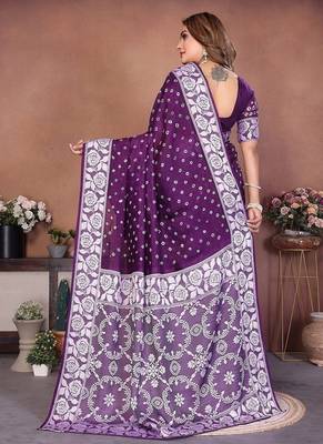 Purple Color Handmade Bandhej Viscose Silk Blend Saree 4