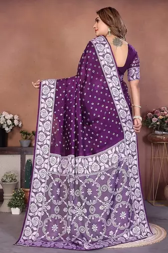 Purple Color Handmade Bandhej Viscose Silk Blend Saree