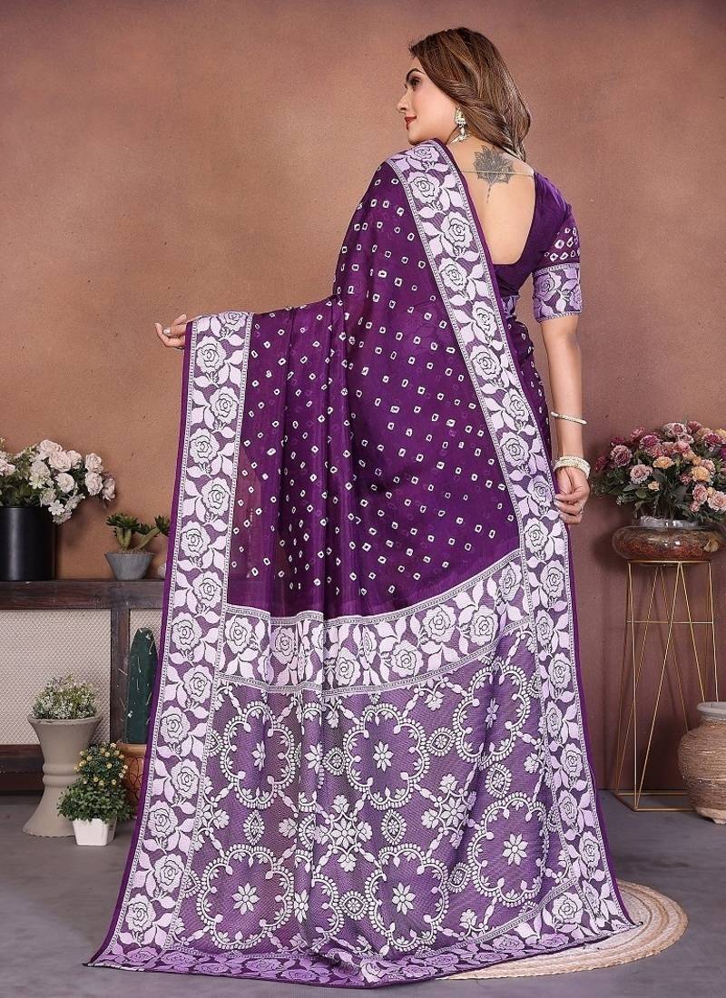 Purple Color Handmade Bandhej Viscose Silk Blend Saree