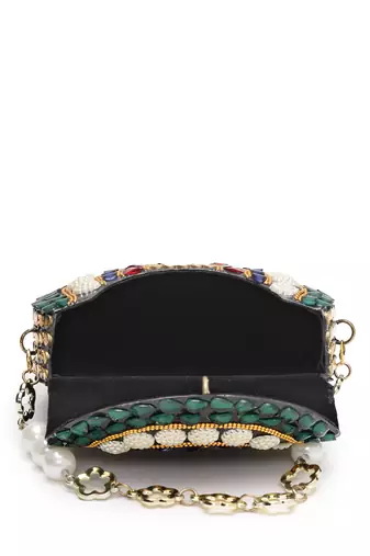 metal mirage green,motif embellished clutch