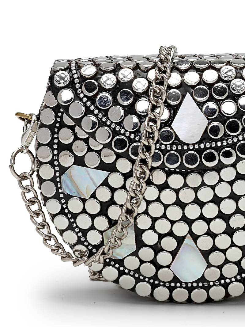 metal mirage silver & mother of pearl mosaic clutch