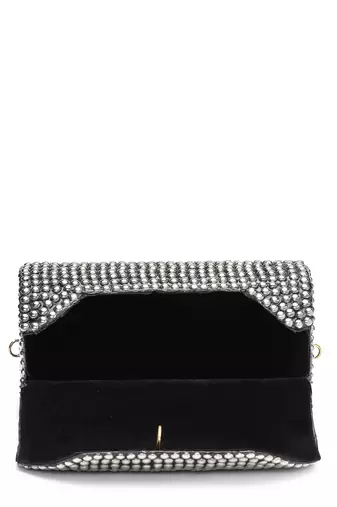 metal mirage metallic silver studded mosaic clutch