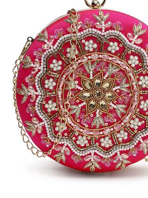 adorn fuchsia pink & multi faux silk floral mandala embellished clutch 8