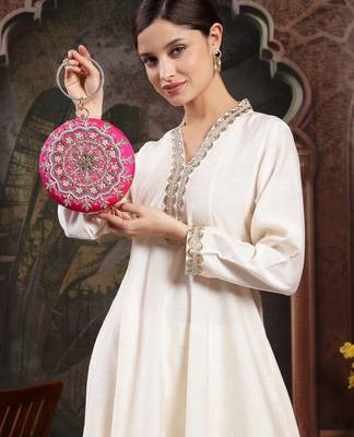 adorn fuchsia pink & multi faux silk floral mandala embellished clutch 9