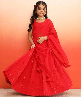 Elegant Red Chikankari Lehenga Blouse with Dupatta for Girls 1