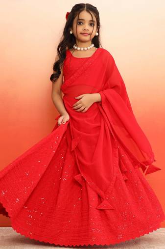 Elegant Red Chikankari Lehenga Blouse with Dupatta for Girls