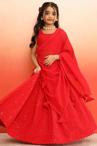 Elegant Red Chikankari Lehenga Blouse with Dupatta for Girls