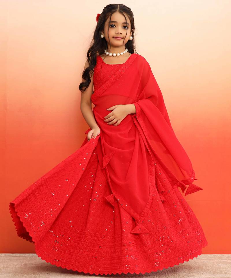Elegant Red Chikankari Lehenga Blouse with Dupatta for Girls