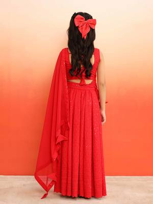 Elegant Red Chikankari Lehenga Blouse with Dupatta for Girls 2