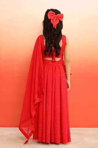 Elegant Red Chikankari Lehenga Blouse with Dupatta for Girls