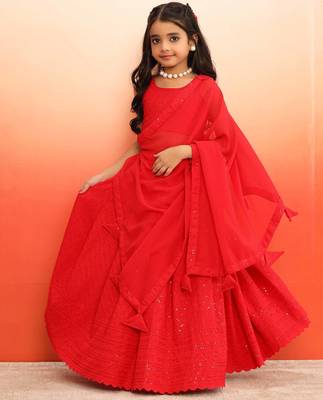 Elegant Red Chikankari Lehenga Blouse with Dupatta for Girls 3