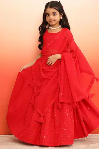 Elegant Red Chikankari Lehenga Blouse with Dupatta for Girls