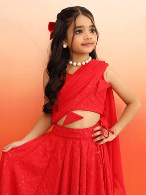 Elegant Red Chikankari Lehenga Blouse with Dupatta for Girls 4