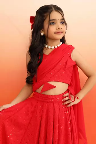 Elegant Red Chikankari Lehenga Blouse with Dupatta for Girls