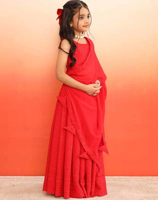 Elegant Red Chikankari Lehenga Blouse with Dupatta for Girls 5