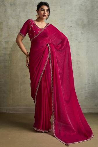 Gorgeous Pink Chiffon Party Wear Saree With Diamond Work Blouse