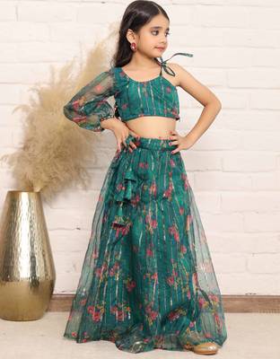 Elegant Green Organza One-Shoulder Digital Print Top &amp; Skirt Set for Girls 1