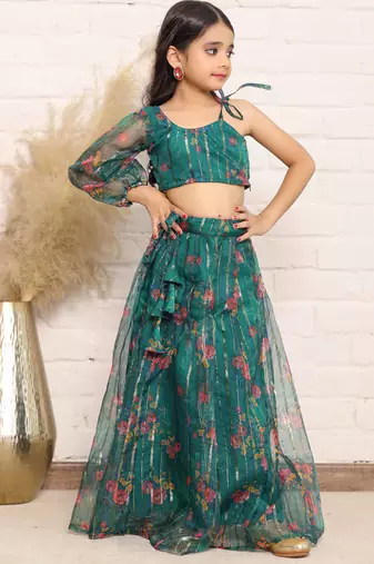 Elegant Green Organza One-Shoulder Digital Print Top &amp; Skirt Set for Girls