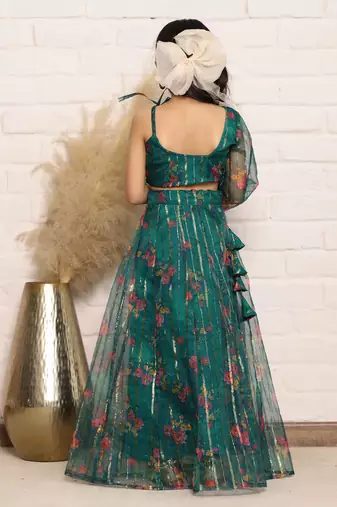 Elegant Green Organza One-Shoulder Digital Print Top &amp; Skirt Set for Girls