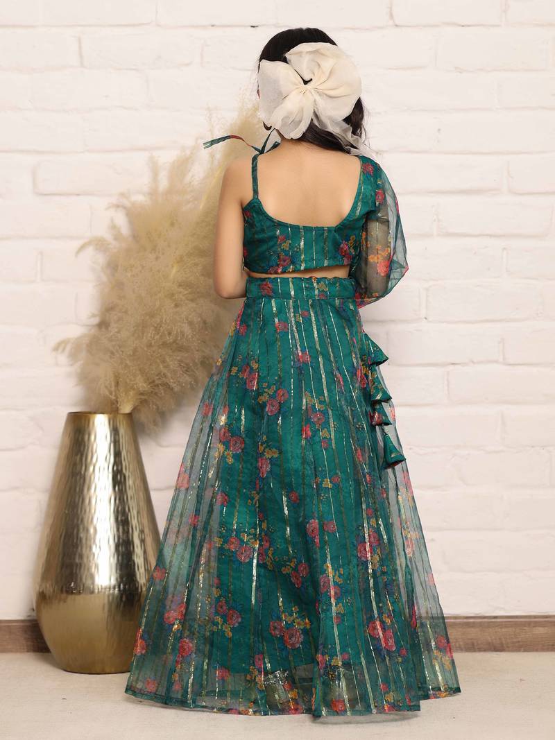 Elegant Green Organza One-Shoulder Digital Print Top &amp; Skirt Set for Girls