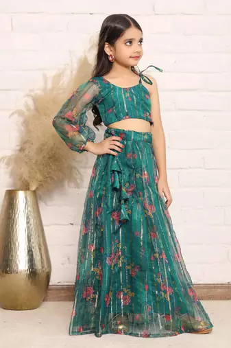 Elegant Green Organza One-Shoulder Digital Print Top &amp; Skirt Set for Girls